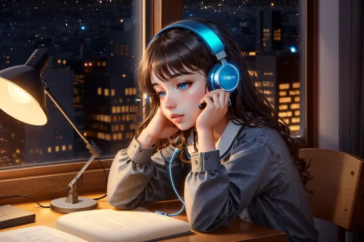 Lo Fi, profile, pretty perfect cute girl (studying headphones:1.4), (table lamp:1.2), (window overlooking the night metropolis:1.2), brown wavy hair, blue eyes, wearing schoolgirl outfit, sharp details, sharp focus, highly detailed, illustration, intricate, digital art, digital painting, medium shot, extremely detailed, in focus, no blur, 8k. (sleeping cat:1.2), (3d render:1.25), realistic, dark, epic, (detailed:1.22), textured, (intricate details:1.12), hdr, (intricate details, hyperdetailed:1.15)