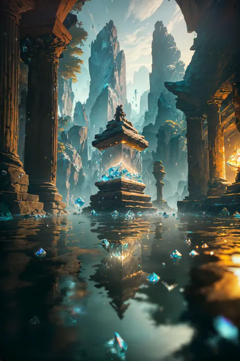 (8k, RAW photo, best quality, masterpiece:1.2), (realistic, photo-realistic:1.37), octane render, ultra high res, ultra-detailed , professional lighting, photon mapping, radiosity, physically-based rendering, ue5, ((island sanctuary)), ((ancient fallen kingdom)), ((reflections in water)), ((raytracing)), ((crystal structure)), ((crystal monument)), ((crystal statue))