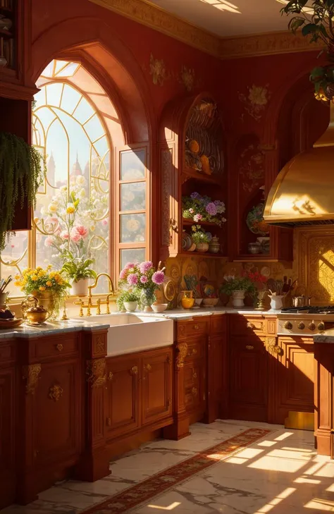 maximalist kitchen with lots of flowers and plants, golden light, award winning masterpiece with incredible details big windows, highly detailed, harper's bazaar art, fashion magazine, smooth, sharp focus, 8k, octane render
