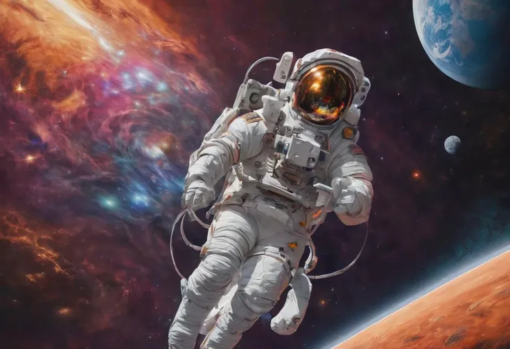 an astronaut floats through space, helpless, stranded, stars and planets, vibrant colors