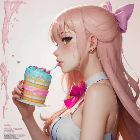 (1girl), cute, blond hair, (a woman with a red bow is eating a cake and drinking a beverage in front of a pink background, (magazine cover, poster, text and stickers), Artgerm, anime style, a manga drawing, aestheticism), long hair, looking at viewer, from side, fluid, by Jackson Pollock, soft smile, detailed skin texture, (blush:0.5), (goosebumps:0.5), subsurface scattering, (masterpiece, top quality, best quality, official art, beautiful and aesthetic:1.2), medium breasts, extreme detailed, (colorful), highest detailed <lora:epi_noiseoffset2:1.3> <lora:MyBreastHelper:1>