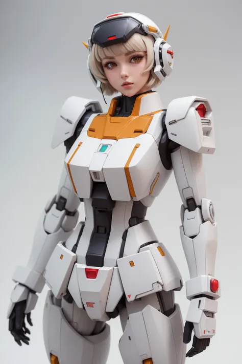 white model, symmetrical 3/4 shot, skintight dress, ellanyan wearing with mecha armour, plastic helmet, plastic model face, short hair, <lora:gundamRX782OutfitStyle_v10:0.3> (simple background:1.2), in the style of gundam\\(rx78\\), <lora:ellaFreya_v10:0.2>, small chest, small breasts,