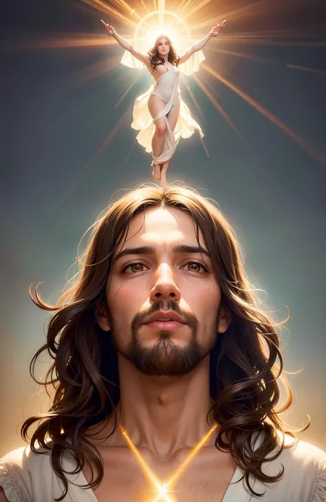 Jesus Christ ascending to heaven, divine light, ethereal, back lighting, realistic portrait, symmetrical, strong, highly detailed, digital painting, artstation, concept art, smooth, sharp focus, illustration, cinematic lighting, art by artgerm and greg rutkowski and alphonse mucha