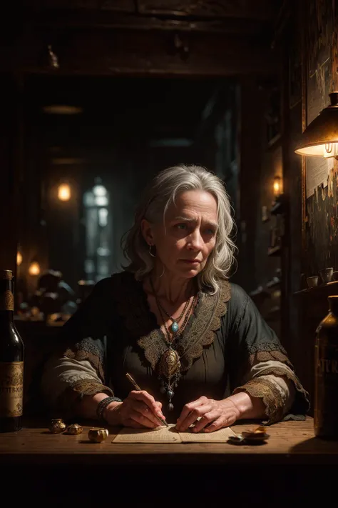 (dark shot:1.1), (noir:1), epic realistic, photo of a very old female tarot card reader in an decrepit old tavern, silver hair, spooky atmosphere, horror, soft cinematic light, bottles of potion behind in background, books on tables, adobe lightroom, photolab, hdr, intricate, highly detailed, (depth of field:1.4), faded, (neutral colors:1.2), (hdr:1.4), (muted colors:1.2), hyperdetailed, (artstation:1.4), cinematic, warm lights, dramatic light, (intricate details:1.1), complex background, (teal and orange:0.4), (intricate details:1.12), hdr, (intricate details, hyperdetailed:1.15), ((intricate details))