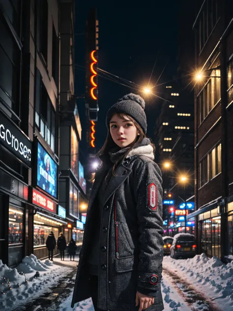 grainy,raw,natural lighting,dynamic lighting,<lora:FilmG4:1> ,filmg, detailed, girl , with lot of expensive detailed clothes, snowy futuristic city with light billboards, evening