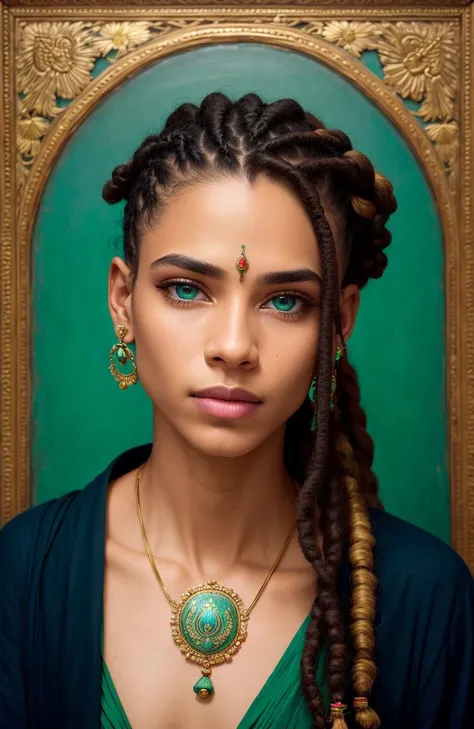 Protrait, photograph, androgynous hunnuman, oval jaw, delicate features, beautiful face, dreadlocked hair, long bangs, long ponytail, bright blue-green eyes,  hindu art