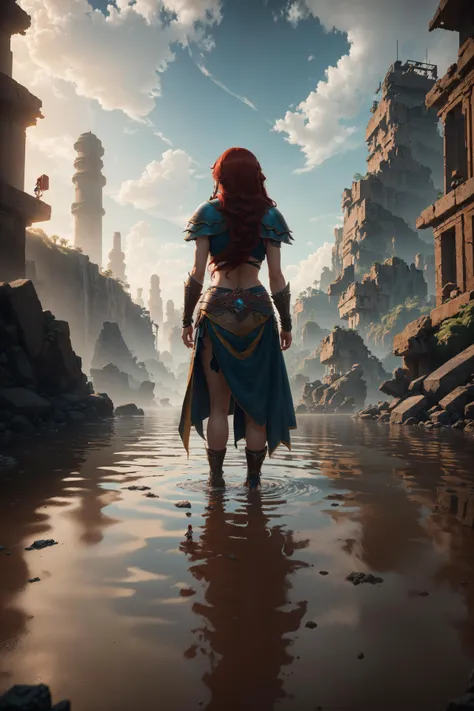 (8k, RAW photo, best quality, masterpiece:1.2), (realistic, photo-realistic:1.37), octane render, ultra high res, ultra-detailed , professional lighting, photon mapping, radiosity, physically-based rendering, ue5, ((island sanctuary)), ((ancient fallen kingdom)), ((reflections in water)), ((raytracing)), ((drowned city)), full body, ((full-body shot)), ((warrior girl)), ((from the back)), ((long red hair))