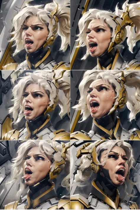 best quality, intricate details,
<lora:expressionChartStyle_v1:1.4> expression chart, full body, angry, happy, crying, screaming, smile, frown, tongue out, teeth, open mouth, closed mouth, drool, saliva,
<lora:mercyOverwatchLORA_v1:0.8> mercy, high ponytail, bodysuit,