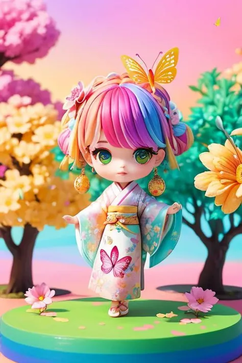 shukezouma, octane render, hdr, (hyperdetailed:1.15), (soft light, sharp:1.2), 1girl, beautiful girl, ultra detailed eyes, mature, plump, thick, rainbow painting drops, paint teardrops, woman made up from paint, entirely paint, splat, splash, long colored hair, kimono made from paint, ultra detailed texture kimono, rainbow paint kimono, paint bulb, paint drops, (hair ornaments, earrings, flowers hair ornaments, butterflies hair ornaments), outdoors, sakura trees , full body, chibi,, <lora:blindbox_V1Mix:1>