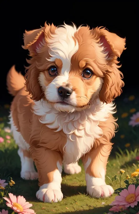 very cute cavoodlepup illustration, 8k resolution, high resolution, super detailed, with a clear focus on the pup and a highly detailed character design. The use of rim light, soft lighting, and sun flare should add depth and atmosphere to the image, fluffy, foggy, A light golden floral background with a subtle foggy effect is desired, adding a touch of mystery to the illustration, Vibrant colors should be used to bring the pup to life, with the emphasis on the pup's fluffiness and character.