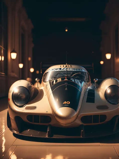 (front view:1.1), Intricate detail photograph of a (symmetrical:1.1), (classic racecar:1.3) with orange details in a showroom on a marble floor, (showroom ceeling lighting:1.1),  professional color grading, masterpiece,  high contrast, (modern style:1.1), (deep shadow:1.2), (night:1.1), (masterpiece:1.1), (dramatic lighting:1.1), by Brandon Woelfel, Sony Alpha 7R IV camera, digital photograph, f/2.8 lens, warm tones, ((creamy bokeh)), hyper-realistic lifelike texture, trending on social media, Adobe Lightroom, depth of field, <lora:theovercomer8sContrastFix_sd15:0.5>, <hypernet:sxzBloom_sxzBloom:0.4>