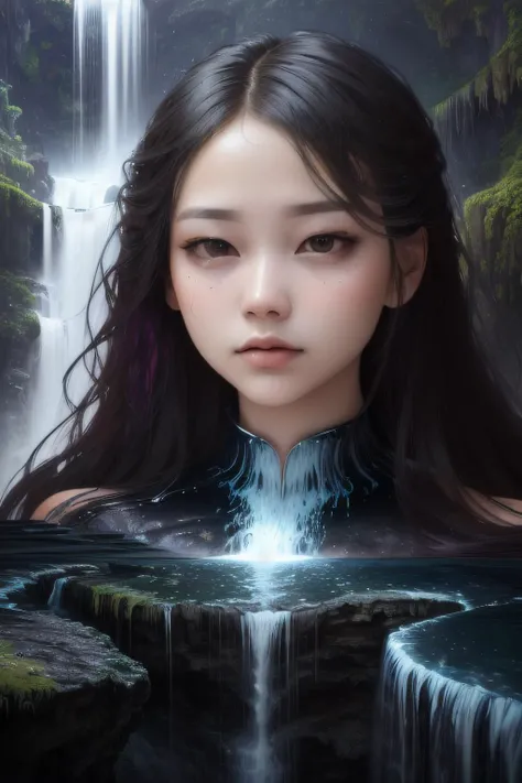 amazing (close up portrait (in perspective: 1.3)) of (only one young woman: 1.5) with straight hair and a far waterfall in the background, levitating (volumetric: 1.) liquid colorful stream of oil paint, melting skin, real skin tone, (surreal futurism: 0.4), highly detailed, fantasy art in 3D, miracle nature landscape, <lora:conceptBagsUnderEyes_v10:1>