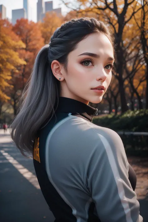 <lora:lowra_v10:0.4> gray eyes woman, central park, closeup, sport outfit, elegant