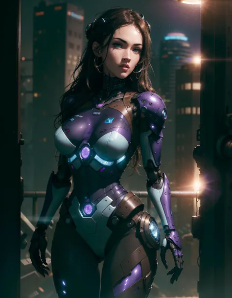 masterpiece, best quality,finely detailed, official art, extremely detailed CG, absurdres, highres, 8k, CG ,unity ,wallpaper, (realistic, photo-realistic:1.37), 150mm,  luxurious cyberpunk,  hyperrealistic,  anatomical,  octane render, elegant,
beautiful studio soft light,  cold rim light,
1girl,  (beautiful detailed face:1.2), (brown|black eyes:1.4), detailed skin, (purple carbon cyborg:1.2), (blue|red|cyan lights and porcelain white fiber robotic parts:1.3),  (colorful),  face focus,  light smile,  red parted lips,
complex 3d render ultra detailed (view from waist up:1.5) of a beautiful porcelain young slim fit cyborg teenager, (brown straight hair), mechanical halo,
petite, facing viewer, vibrant details,
on cyberpunk space city, wide glass window with deep universe background,
looking at viewer,  megan fox,
<lora:meganFoxTributeToA_v1O:0.6>