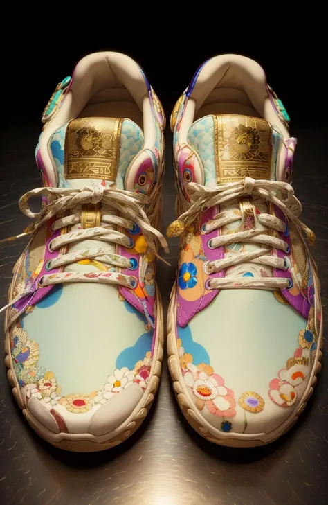 epic realistic, sneakers designed by Takashi Murakami, high detail, intricate detail texture, 3d render, unreal engine, octane render, cinematic lighting, 8k, faded, (neutral colors:1.2), art, (hdr:1.5), (muted colors:1.1), (pastel:0.2), hyperdetailed, (artstation:1.4), warm lights, dramatic light, (intricate details:1.2), vignette, complex background, rutkowski