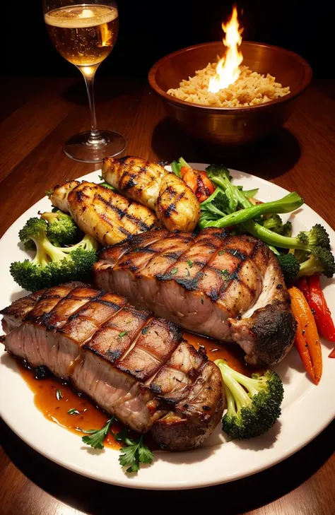 grilled dragon steak served with a side of roasted vegetables, (intricate details:1.12), hdr, (intricate details, hyperdetailed:1.15)
