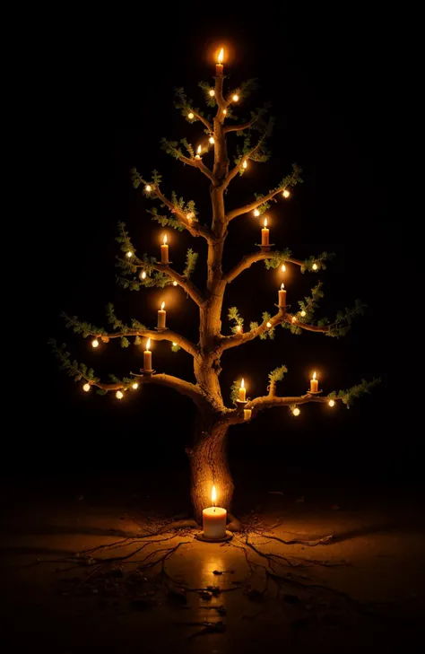 Tree, candles on branches, dark background, quality