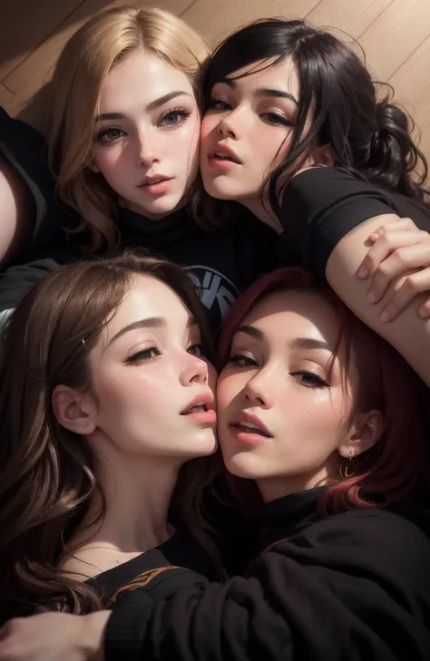 high angle photo of five gorgeous young women kissing and hugging in the style of Stefan kostic, realistic skin texture, looks up, black sweatshirt, full body, 8 5 mm art lens, f 1. 2, sharp focus, 8 k high definition, insanely detailed, intricate, elegant, art by stanley lau and artgerm,