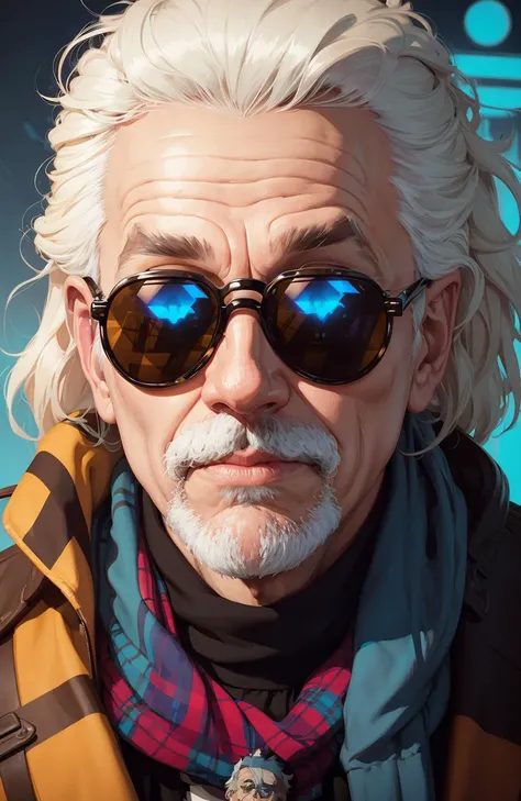portrait of einstein, sunglasses, blue eyes, tartan scarf, white hair by atey ghailan, by greg rutkowski, by greg tocchini, by james gilleard, by joe fenton, by kaethe butcher, gradient yellow, black, brown and magenta color scheme, grunge aesthetic!!! graffiti tag wall background