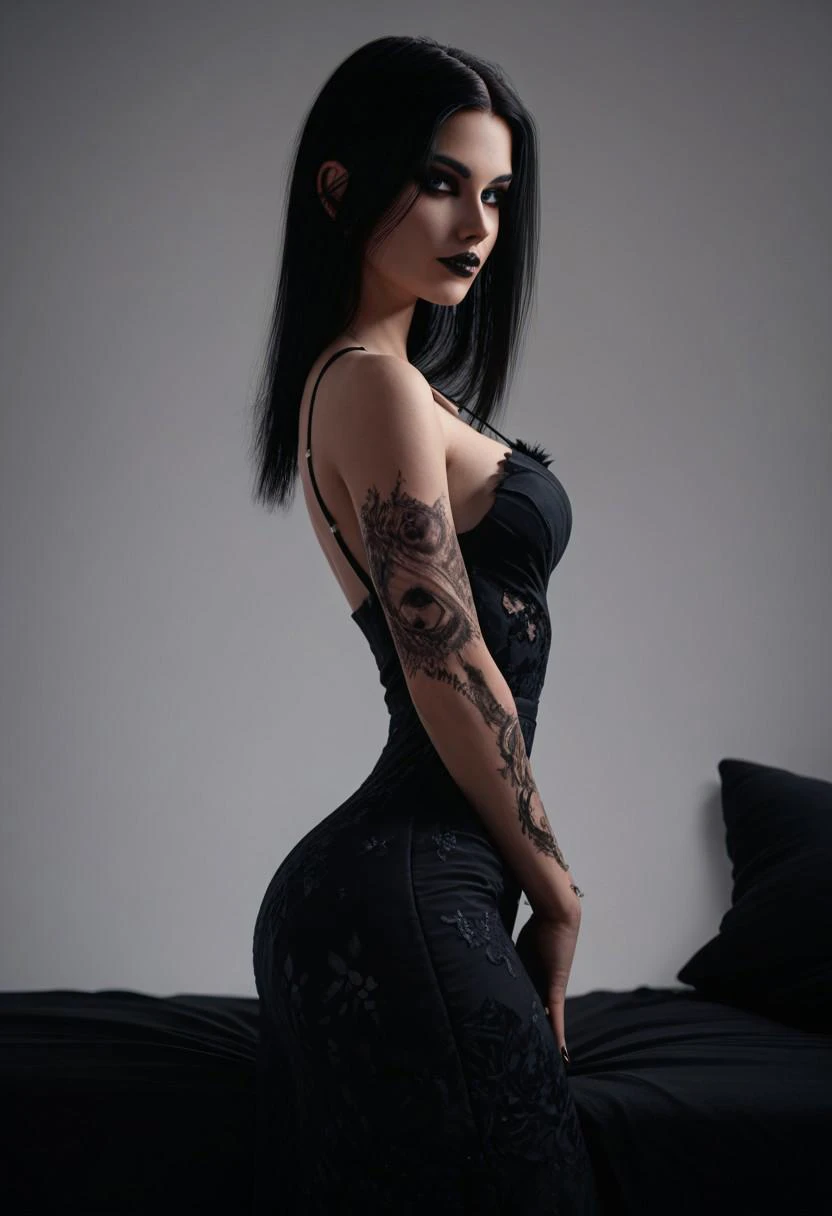 (masterpiece,best quality,ultra-detailed),1girl,messy hairstyle,mane,thick hair,long bob cut, black hair,aesthetic hairstyle,goth girl,beautiful and detailed face, detailed eyes, goth fashion,night,fog,looking at viewer,huge chest,((grey theme)),((gothic theme)), huge tits, f cup breasts, wide hips, narrow waist, huge ass, tattos, tribal tattoos, piercings, nipple piercings, thick, goth mommy, muscular muscular female thighs fit abs