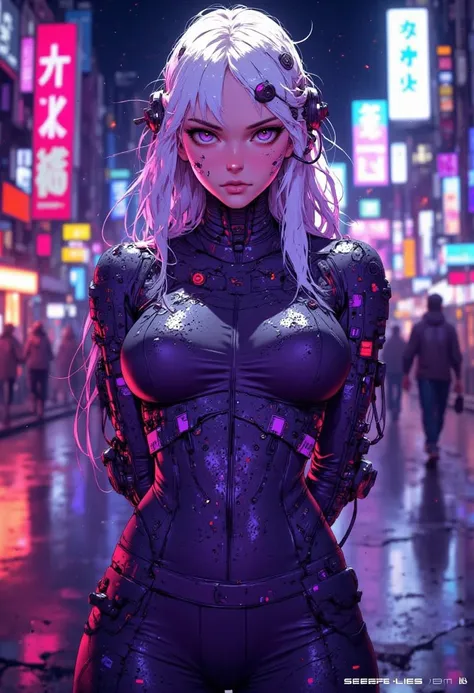 Create intense and evocative Cyberpunk anime style: Edgerunners. The scene shows a woman with long wavy blue hair, jasmine green eyes with tears in her eyes running down her face of deep sadness in the rain. Her fitted matte black leather outfit,  accentuating the curves of her athletic body, attractive perfect anatomy. The atmosphere is a dystopian city at night in contrasts of blue and black in a heavy rain that falls on her, wetting her face and body., evoking desolation in the sad atmosphere, balancing every detail.