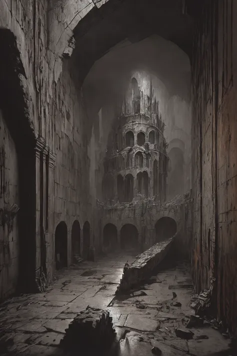 (masterpiece), vast ancient dungeon, (decrepit scenery), megastructure, (art by [Bastien Lecouffe-Deharme|Caspar David Friedrich ]:1.2), (unreal engine render, photorealistic painting, photorealism:1.2), (mysterious)