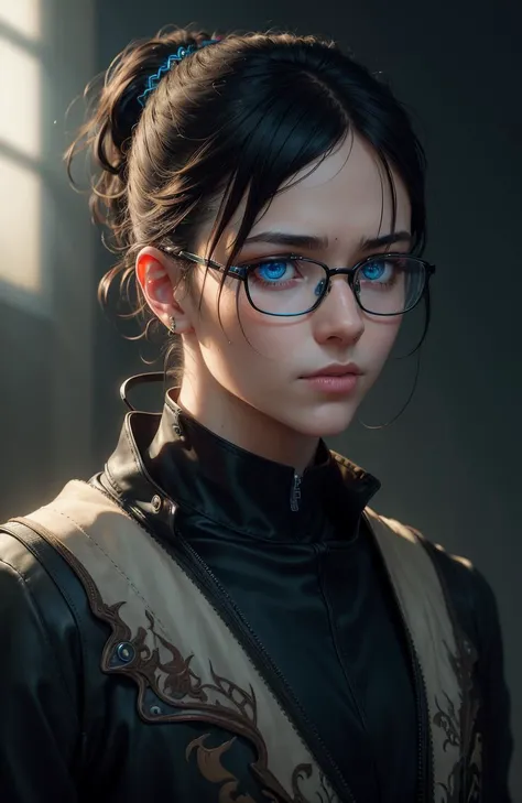 epic realistic, Manga style. Black and white with bright blue eyes. Clean lines. Neon genesis evangelion style. Boy. Glasses reflecting light., art by greg rutkowski and artgerm, soft cinematic light, adobe lightroom, photolab, hdr, intricate, highly detailed, (depth of field:1.4), (natural skin texture, hyperrealism, soft light, sharp:1.2), (dark shot:1.22), neutral colors, (hdr:1.4), (muted colors:1.4), (intricate), (artstation:1.2), hyperdetailed, dramatic, intricate details, (technicolor:0.9), (rutkowski:0.8), cinematic, detailed, (intricate details:1.12), hdr, (intricate details, hyperdetailed:1.15)