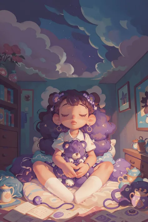 1girl,  <lora:COOLKIDS_MERGE_V2.5:0.8> <lora:wedjigamja-000008:1>, sleeping, night, clouds, sky, lie on bed, teddy bear, purple main color, dark night,, masterpiece, best quality,