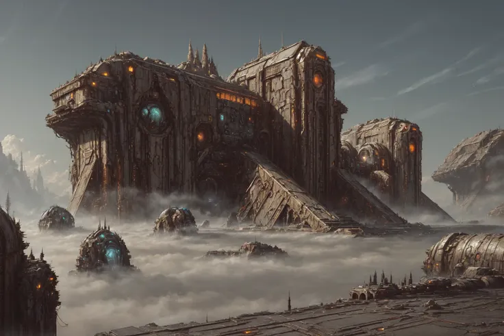 (masterpiece), vast ancient alien city, decrepit scenery, megastructures, turrets, (art by Bastien Lecouffe-Deharme:1.2), (unreal engine render, photorealistic painting, photorealism:1.2), mysterious