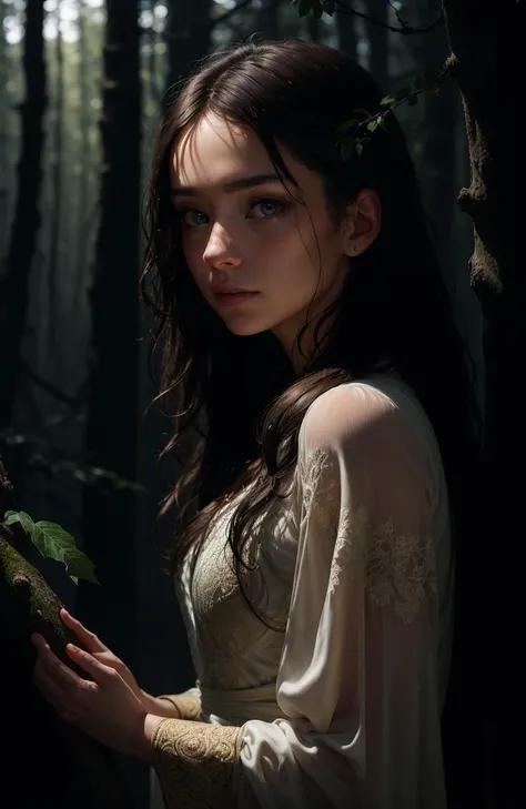 epic realistic, (dark shot:1.4), 80mm, Create a portrait of a woman with long, dark hair. She has a mysterious expression, gazing at the viewer with a slight tilt of her head. She is simply dressed, with an arm wrapped around a tree branch that also resembles a brain cell. The background features a forest of blue, impressionistic leaves, with an eerie white light shining through and a gradient shadow on the top part of the woman's face. Use a backlighting effect to add depth to the image.
impressionistic painting style, john singer sarget, anders zorn, blue pallette, wider show with more background and forest, (natural skin texture, hyperrealism, soft light, sharp:1.2), soft light, sharp, exposure blend, medium shot, bokeh, (hdr:1.4), high contrast, (cinematic, teal and orange:0.85), (muted colors, dim colors, soothing tones:1.3), low saturation, (hyperdetailed:1.2), (noir:0.4), (intricate details:1.12), hdr, (intricate details, hyperdetailed:1.15), faded, (neutral colors:1.2), art, (hdr:1.5), (muted colors:1.1), (pastel:0.2), hyperdetailed, (artstation:1.4), warm lights, dramatic light, (intricate details:1.2), vignette, complex background, rutkowski