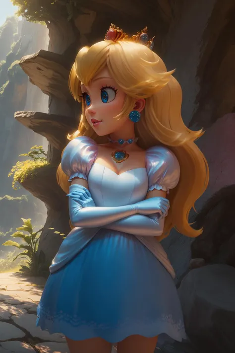 highres, masterpiece, perfect ligthing, bloom, cinematic lighting, adult, perfect skin, female, from side, cowboy shot, smile, narrow waist, skinny, <lora:PrincessPeachMovie:0.6>, (PrincessPeach), (Princess Peach), (Blue Dress:1.2), detailled eyes, blue eyes, choker, sensual, mushrooms,mushroom kingdom, pink lips, ((glossy lips)), pursed lips, pink pumps, glossy skin, oily skin, beautiful light, (day:1.3), bright,<lora:PrincessPeachMovie-000004:0.5>