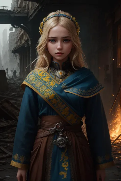 (extremely detailed CG unity 8k wallpaper, hasselblad award winner), ((cinematic light)), detailed picture of a young blonde female in ruins, ruins of modern city in background, beautiful girl in dirty clothes, suffering look, suffering glance, sad look, cinematic lighting, ambient soft lighting, Ukrainian national costume, trident, wearing Vyshyvanka, dramatic lighting, diffused soft lighting, (detailed background with blue yellow flags of Ukraine:1.2), futuristic, highly detailed, intricate, with a long blonde tail, artstation, cgsociety art, DeviantArt trending, 8k HD, masterpiece, high quality, sharp focus , professional majestic oil painting, trending on ArtStation, trending on CGSociety, Intricate, High Detail, sharp focus, digital art, professional majestic oil painting, trending on ArtStation, trending on CGSociety, Intricate, High Detail, Sharp focus, dramatic, photorealistic painting art, dramatic scene, postwar ruins