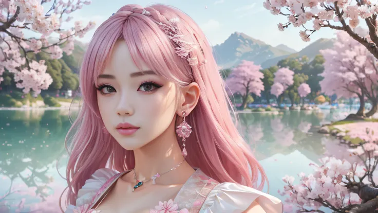 (8k, RAW photo, best quality, masterpiece:1.2), (realistic, photo-realistic:1.37), ultra high res, ultra-detailed ,full body, ((full-body shot)), girl, beautiful detailed eyes, beautiful detailed lips, professional lighting, photon mapping, radiosity, physically-based rendering, ue5, detailed symmetrical lips, extremely detailed eyes and face, symmetrical mouth, extremely detailed face, symmetrical eyes ,detailed eyebrows, extremely detailed eyes, beautiful detailed eyes, extremely detailed face , light on face, cleavage , (full body), looking at viewer, ((cute)), ((hanfu)), (song style outfits), (hair ornaments), ((earrings)), ((sakura trees)), ((beautiful environment)), ((scenery)), ((lake)), ((raytracing)), ((pink hair)) , <lora:cuteGirlMix4_v10:0.3>