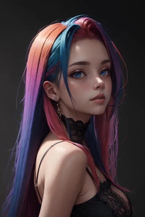 She is known for her long purple hair, that curve back into a sleek, exaggerated hairstyle. She has large eyes with blue-green irises., and his expression reflects arrogance and determination. With clear and smooth skin, She has a slim and tall figure, with a confident posture that matches her slim, athletic figure.