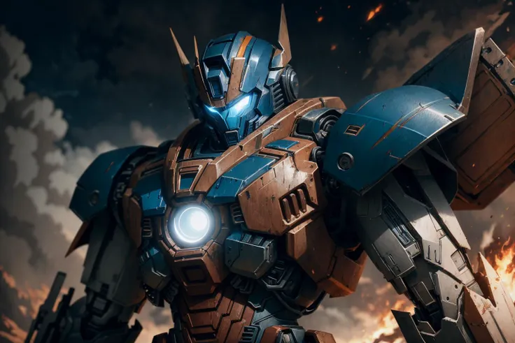1  giant battle super robot,  glowing eyes, wing, firing lase beams,  upper body portrait 
battlefield, sun, sunlight, blue sky, high contrast
mech heavy armor, dynamic pose, backpack, fighting, firing, weapons, missiles, damaged, upper body close up shot
smoke, dust, fire
anime, motion lines, blurry, highres, extremely detailed, solo, sharp focus, cinematic lighting,

<lora:epiNoiseoffset_v2:1>  opt-6000