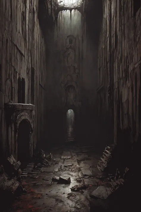 (masterpiece), ancient dark dungeon, (vast decrepit scenery), megastructure, (art by [Bastien Lecouffe-Deharme|Caspar David Friedrich]:1.2), (unreal engine render, photorealistic painting, photorealism:1.2), (mysterious)