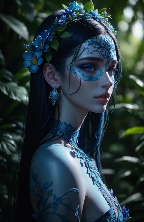 fashion photography portrait of blue human avatar, in blue lush jungle with flowers and birds, 3d render, cgi, symetrical, octane render, 35mm, bokeh, 9:16, (intricate details:1.12), hdr, (intricate details, hyperdetailed:1.15), (natural skin texture, hyperrealism, soft light, sharp:1.2)