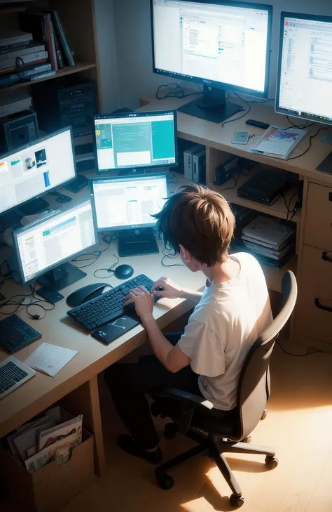 a nerdy boy is programming at a computer in a room full of gadgets, by makoto shinkai and ghibli studio, dramatic lighting, highly detailed, incredible quality