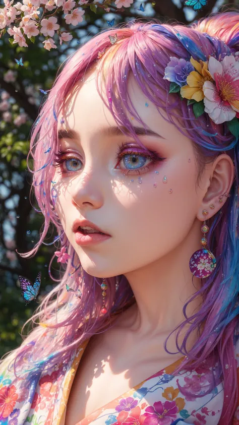 shukezouma, octane render, hdr, (hyperdetailed:1.15), (soft light, sharp:1.2), 1girl, beautiful girl, ultra detailed eyes, mature, plump, thick, rainbow painting drops, paint teardrops, woman made up from paint, entirely paint, splat, splash, long colored hair, kimono made from paint, ultra detailed texture kimono, rainbow paint kimono, paint bulb, paint drops, (hair ornaments, earrings, flowers hair ornaments, butterflies hair ornaments), outdoors, sakura trees