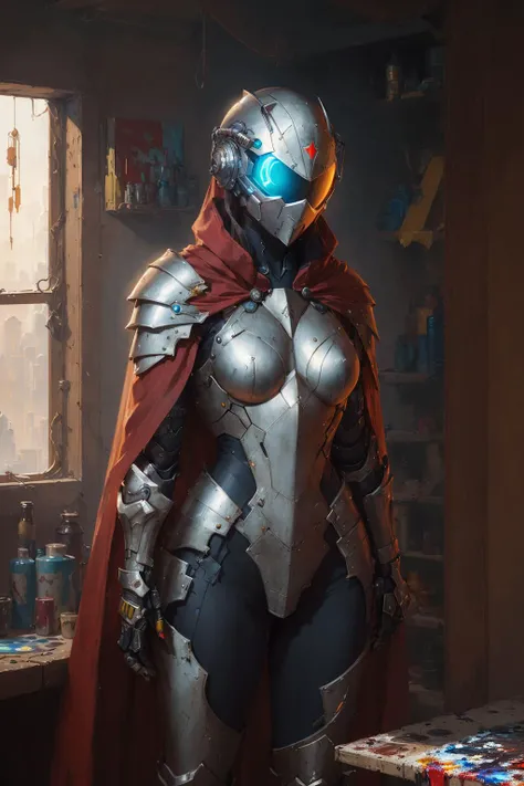 1girl, (armor, cape), (futuristic cyberpunk helmet over face, futuristic combat armor), (realistic painting by John William Waterhouse and kyoto animation and Frank Frazetta)