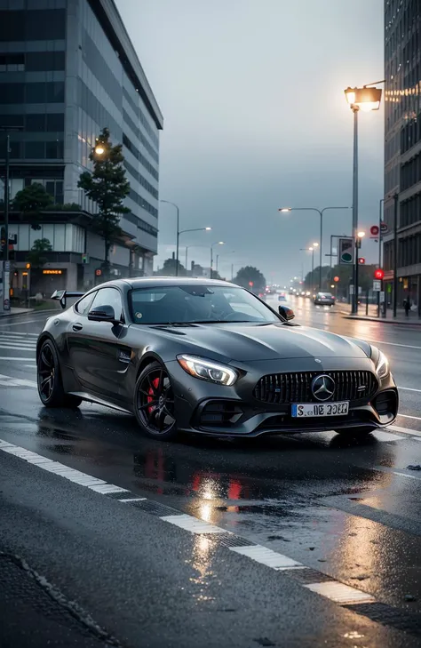 A realistic illustration of a Black Mercedes Benz AMG GTR in Berlin, Germany. Noon time and Rainy weather. Ultra detailed, 8K, HDR, Octane Render