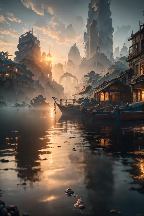 (8k, RAW photo, best quality, masterpiece:1.2), (realistic, photo-realistic:1.37), octane render, ultra high res, ultra-detailed , professional lighting, photon mapping, radiosity, physically-based rendering, ue5, ((island sanctuary)), ((ancient fallen kingdom)), ((reflections in water)), ((raytracing)), ((drowned city))
