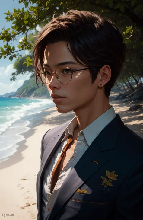 greg manchess painting of a sensitive, strong african-korean man tracer wearing a suit on a beach, medium shot, organic painting, sunny day, bold shapes, hard edges, street art, trending on artstation, by huang guangjian and gil elvgren and sachin teng and artgerm and greg rutkowski and alphonse mucha, art by greg rutkowski and artgerm, soft cinematic light, adobe lightroom, photolab, hdr, intricate, highly detailed, (depth of field:1.4)