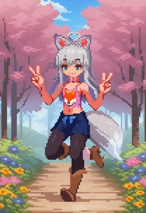 score_9, score_8_up, score_7_up, source_anime, animal ears, grey hair, long hair (hidden ears) tail, green eyes, collar, small breasts, flat chest, pink camisole, midriff, navel, shorts, black pantyhose, boots, brown boots, looking at viewer, smile, happy, blush, V, double V, standing on one leg, outdoors, blue sky, cowboy shot,