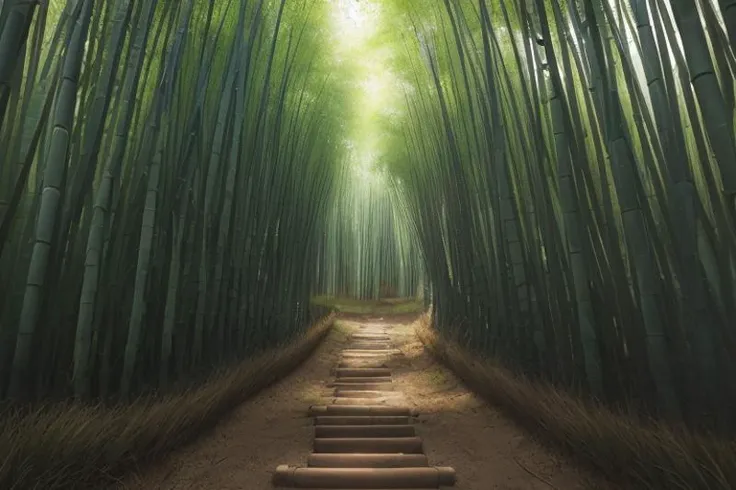 hyper realistic,(lifelike texture:1.2),dramatic lighting,(Nikon RAW photo:1.2),8k,(Fujifilm XT3:1.2),masterpiece,(best quality:1.2),realistic,
(photo \(object\):1.2),
,ultra detailed,,
(fence:0.9),(forest),grass,nature,(no_humans),outdoors,scenery,(blue sky),tree,(Through the bamboo forest Sunlight:0.8),(( Bright green bamboo forest:1.2)),(path in bamboo forest:1.1),(Dense bamboo forest:1.3),,
(A piece of green),(stone stairs:0.7),
The breeze gently shakes the bamboo forest,
(The details of the bamboo leaves are obvious),