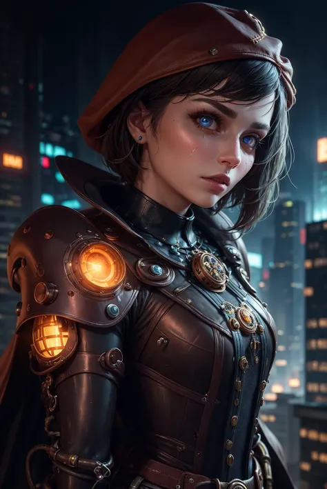 3d render, cgi, symetrical, octane render, 35mm, intricate details, hdr, intricate details, hyperdetailed, natural skin texture, hyperrealism, sharp,
1 girl, woman, portrait, (bloody scars:0.7), looking at viewer, solo, upper body, detailed background, close up, light blue eyes, silver crimped hair, detailed face, (bioshock theme:1.1) futuristic digital copper armor, hexagonal pattern, cape, rivets, advanced technology, nanotech, head-up display, epic futuristic city in background, flashes of light, lasers, sparks, hologram, cinematic atmosphere,
<lora:style_adventurers_v1:0.4>