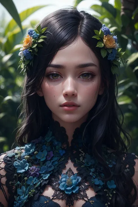 fashion photography portrait of blue human avatar, in blue lush jungle with flowers and birds, 3d render, cgi, symetrical, octane render, 35mm, bokeh, 9:16, (intricate details:1.12), hdr, (intricate details, hyperdetailed:1.15), (natural skin texture, hyperrealism, soft light, sharp:1.2)