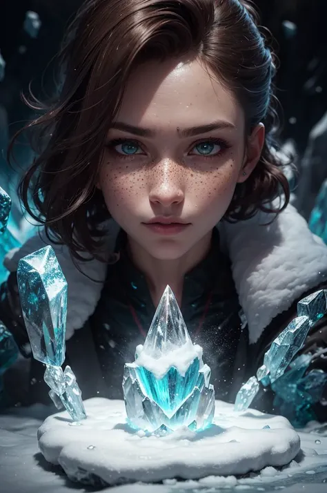 3d render, cgi, symetrical, octane render, 35mm, intricate details, hdr, intricate details, hyperdetailed, natural skin texture, hyperrealism, sharp,
1 girl, adult  woman, portrait, freckles, solo, dark blonde wedge cut hair,
(style-swirlmagic:1.0), portrait, looking at viewer, solo, half shot, detailed background, close up, cold grey eyes, detailed face, (frozen arctic winter theme:1.1) crystal mage, levitating, dynamic pose, ice themed clothes, rocks floating in the air, glowing  rocks, surrounded by white magical minerals, emerald,  stalagmites, crystalline pattern, magical floating particles,    icy canyon background,  magical cinematic atmosphere,