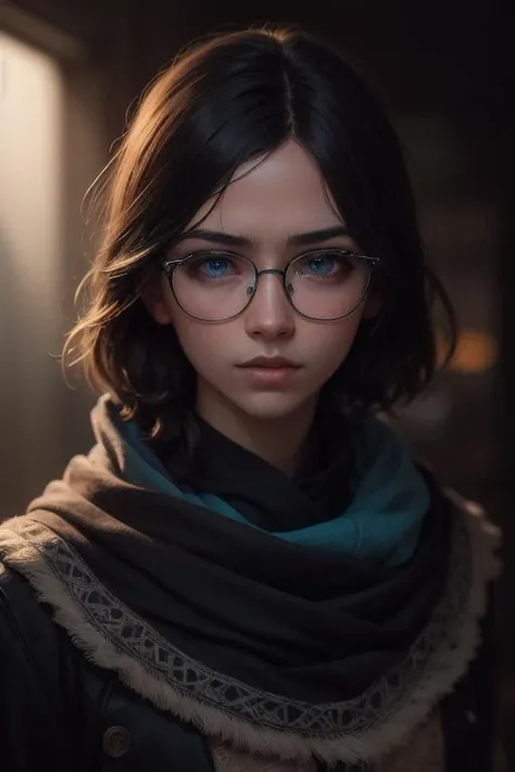 epic realistic, Manga style. Black and white with bright blue eyes. Clean lines. Neon genesis evangelion style. Boy. Glasses reflecting light., art by greg rutkowski and artgerm, soft cinematic light, adobe lightroom, photolab, hdr, intricate, highly detailed, (natural skin texture, soft light, sharp:1.2), (dark shot:1.22), neutral colors, (hdr:1.4), (muted colors:1.4), (intricate), (artstation:1.2), dramatic, intricate details, (technicolor:0.9), (rutkowski:0.8), detailed, (intricate details:1.12), hdr, (intricate details, hyperdetailed:1.15), Shawl black hair, (depth of field:1.4), hyperrealism, hyperdetailed, cinematic，