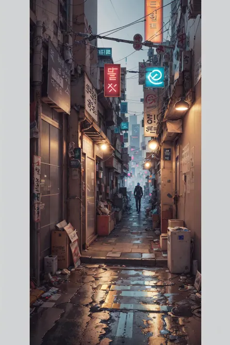 lonely ally in Seoul, cyberpunk city from sci-fi movie, empty street, night, Korean, Korean signs, old shops, cozy, circuit boards, wires, intricate, hyper-detailed, realistic, ultra-realistic, high quality, best, ultra detail, crazy detail, extremely detailed, photo realism, 8k